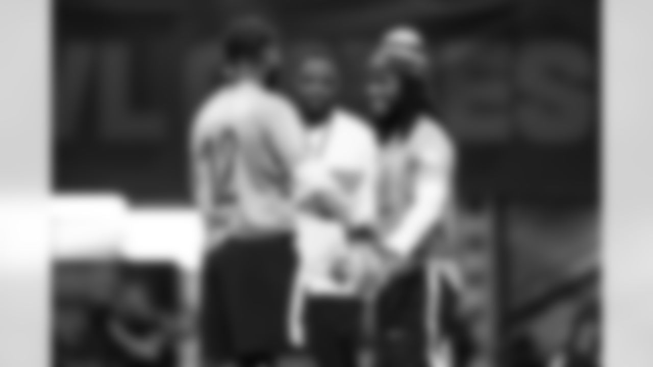 Quarterback Shedeur Sanders (12) and Bills Running back James Cook III (4) during the second AFC Pro Bowl Practice at the Moscone Center in San Francisco on February 2, 2026.