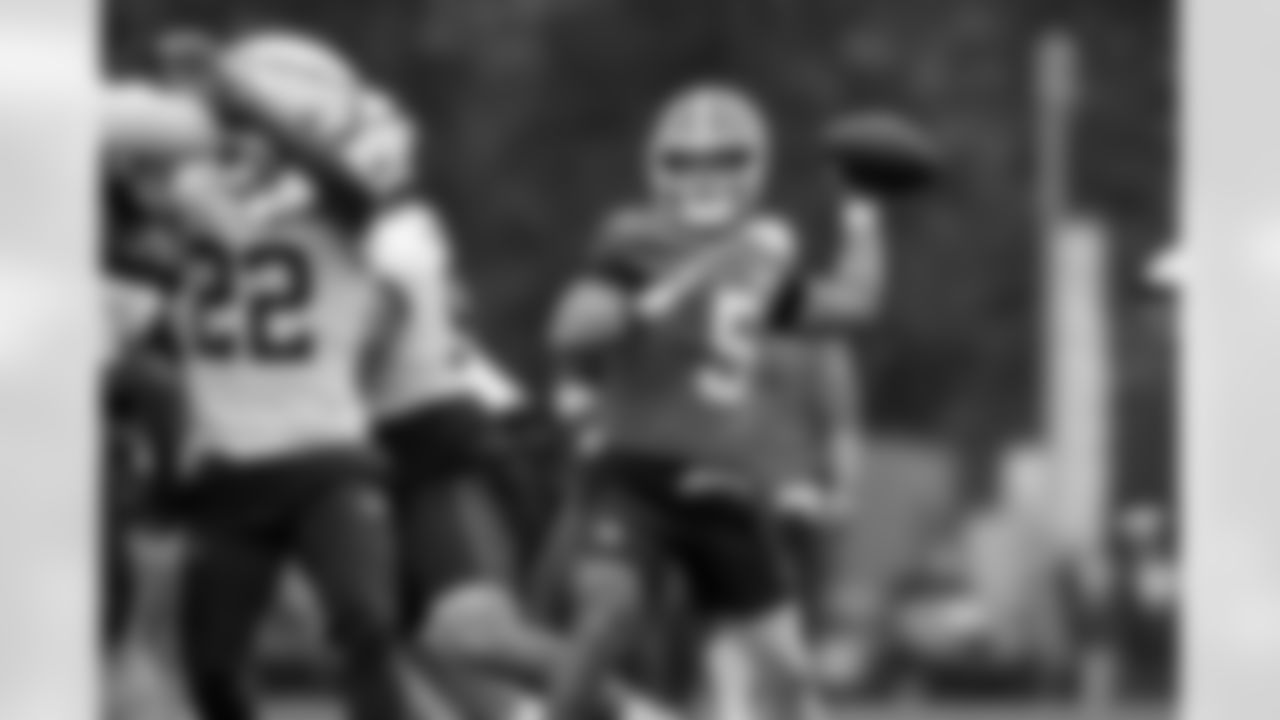 Quarterback Dillon Gabriel (5) during Day 17 of Training Camp at CrossCountry Mortgage Campus on August 21, 2025.