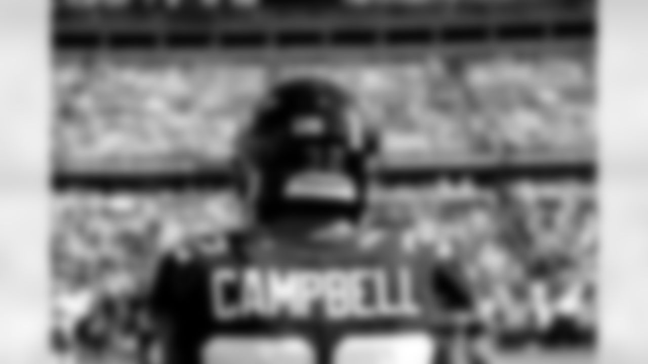 A detail of the back of Jacksonville Jaguars cornerback Tyson Campbell (32) jersey prior to an NFL football game against the Baltimore Ravens, Sunday, Nov. 27, 2022, in Jacksonville, Fla. The Jaguars defeated the Ravens 28-27. (Logan Bowles via AP)