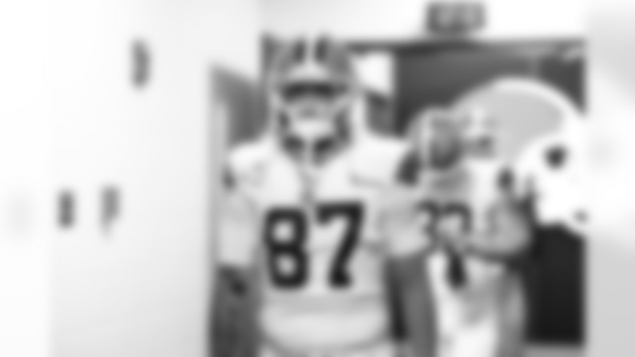 Tight end Sal Cannella (87) before a preseason NFL football game between the Los Angeles Rams and Cleveland Browns on August 23, 2025 at Huntington Bank Field.