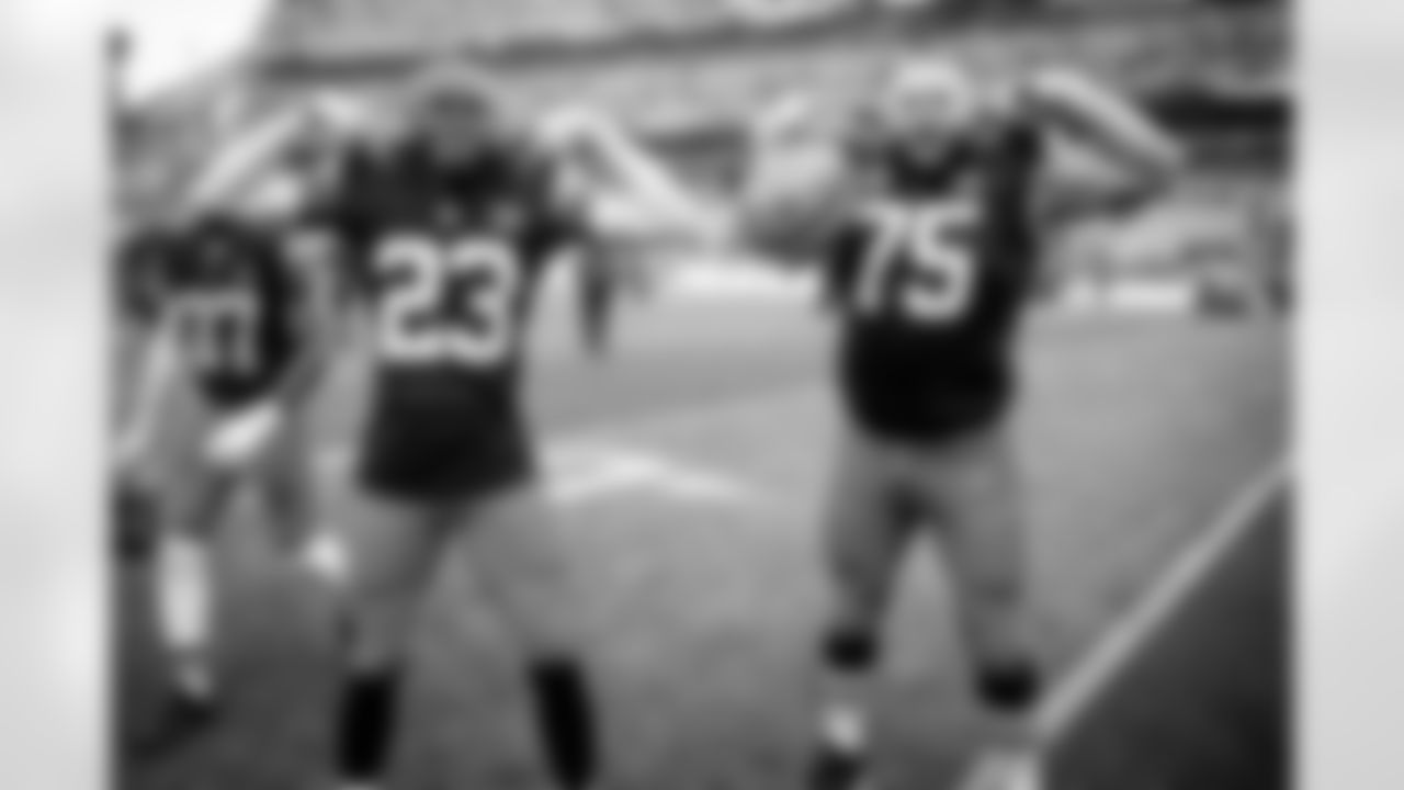 Cornerback Martin Emerson Jr. (23) and Offensive guard Joel Bitonio (75) after a NFL football game between the Cincinnati Bengals and Cleveland Browns on September 10, 2023 at Cleveland Browns Stadium. The Browns won 24-3.