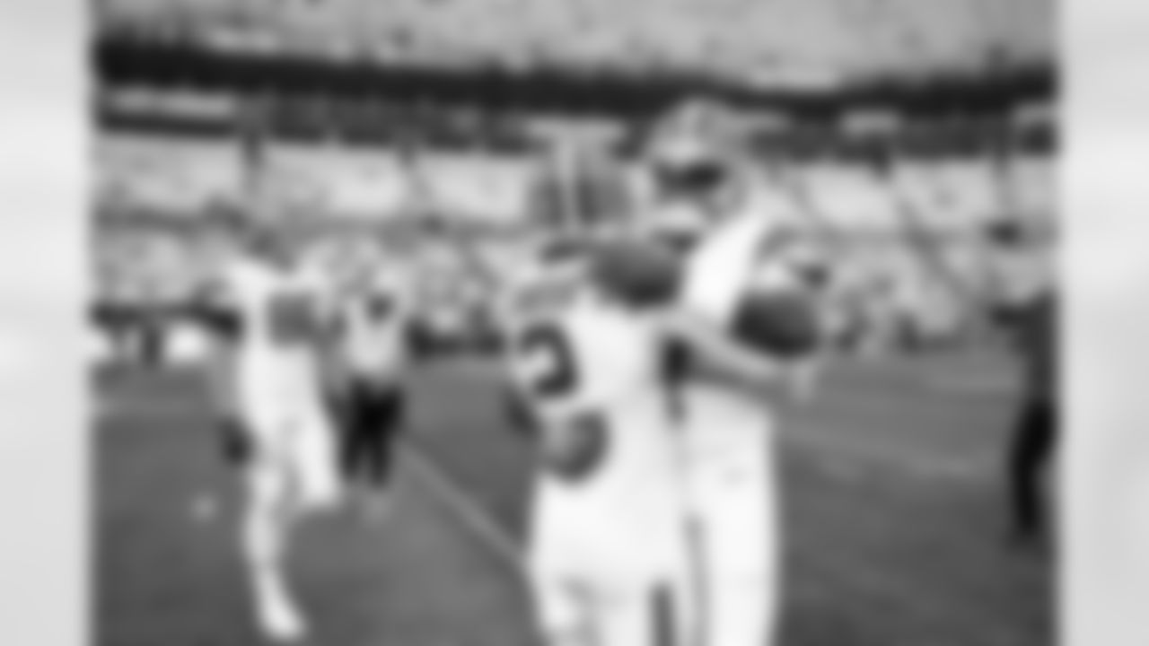 Quarterback Tyler Huntley (7) and Wide receiver DeAndre Carter (2) before a preseason NFL football game between the Cleveland Browns and Carolina Panthers on August 8, 2025 at Bank of America Stadium.
