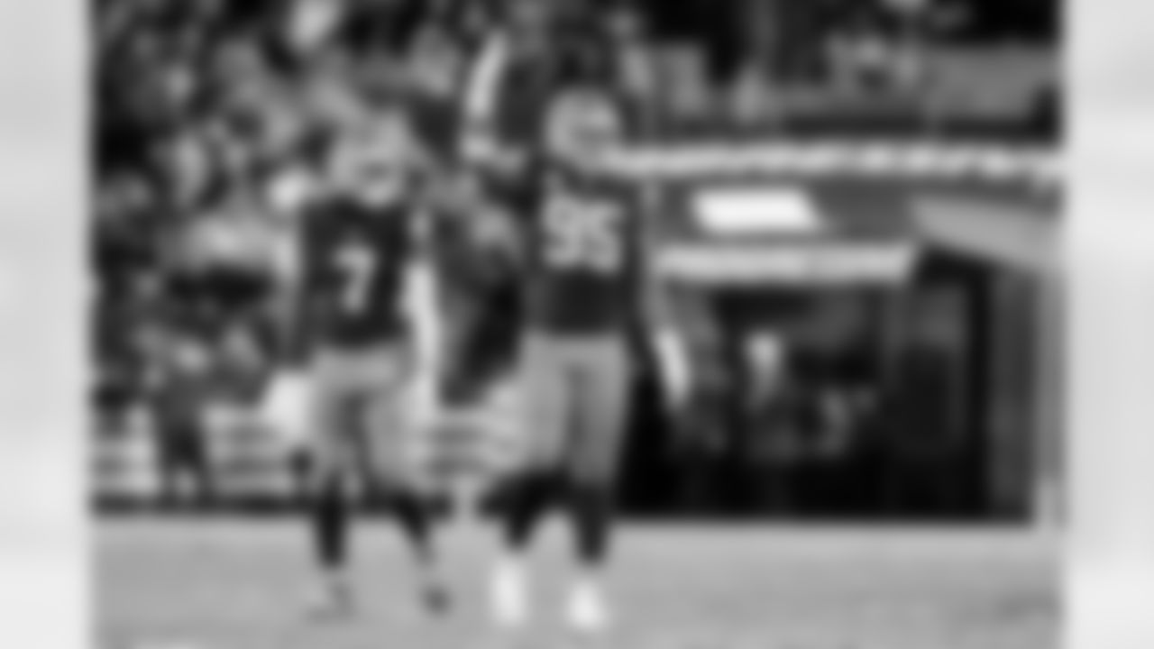 Cornerback Tyson Campbell (7) and Defensive end Myles Garrett (95) during a NFL football game between the Baltimore Ravens and Cleveland Browns on November 16, 2025 at Huntington Bank Field.