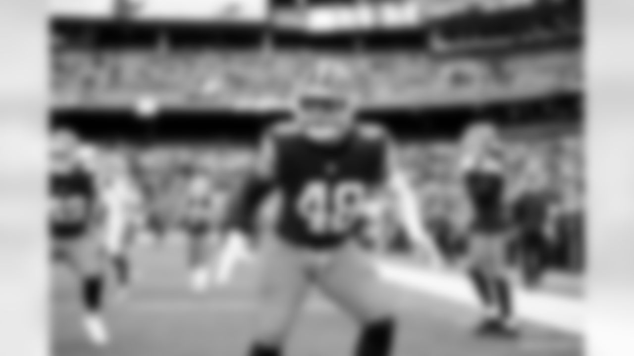 Linebacker Cameron McGrone (48) before a NFL football game between the Baltimore Ravens and Cleveland Browns on November 16, 2025 at Huntington Bank Field.