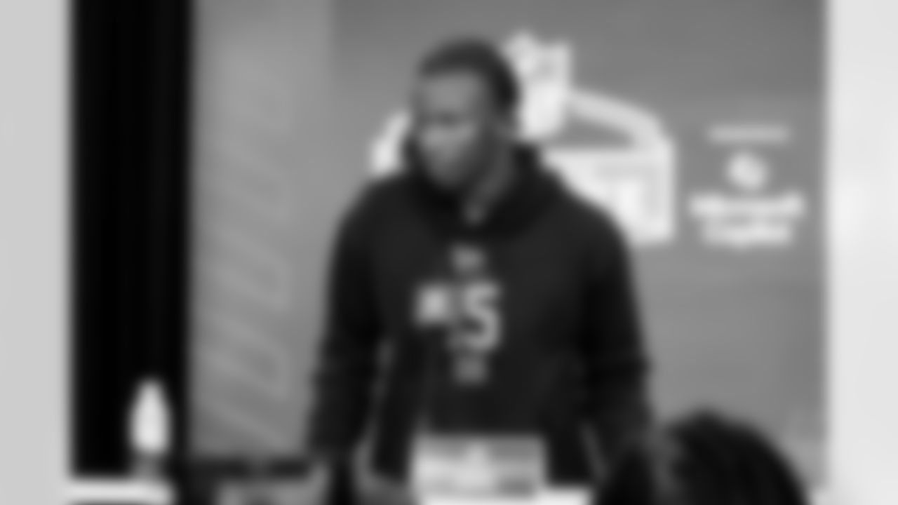 Defensive back Davison Igbinosun, Ohio State, speaks to the media at the 2026 NFL Combine on February 26, 2026 in Indianapolis, Indiana.