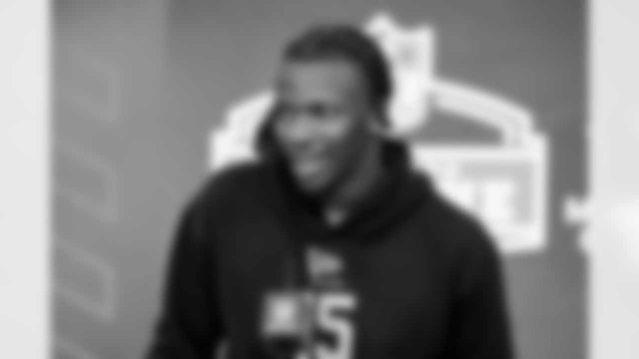 Defensive back Davison Igbinosun, Ohio State, speaks to the media at the 2026 NFL Combine on February 26, 2026 in Indianapolis, Indiana.