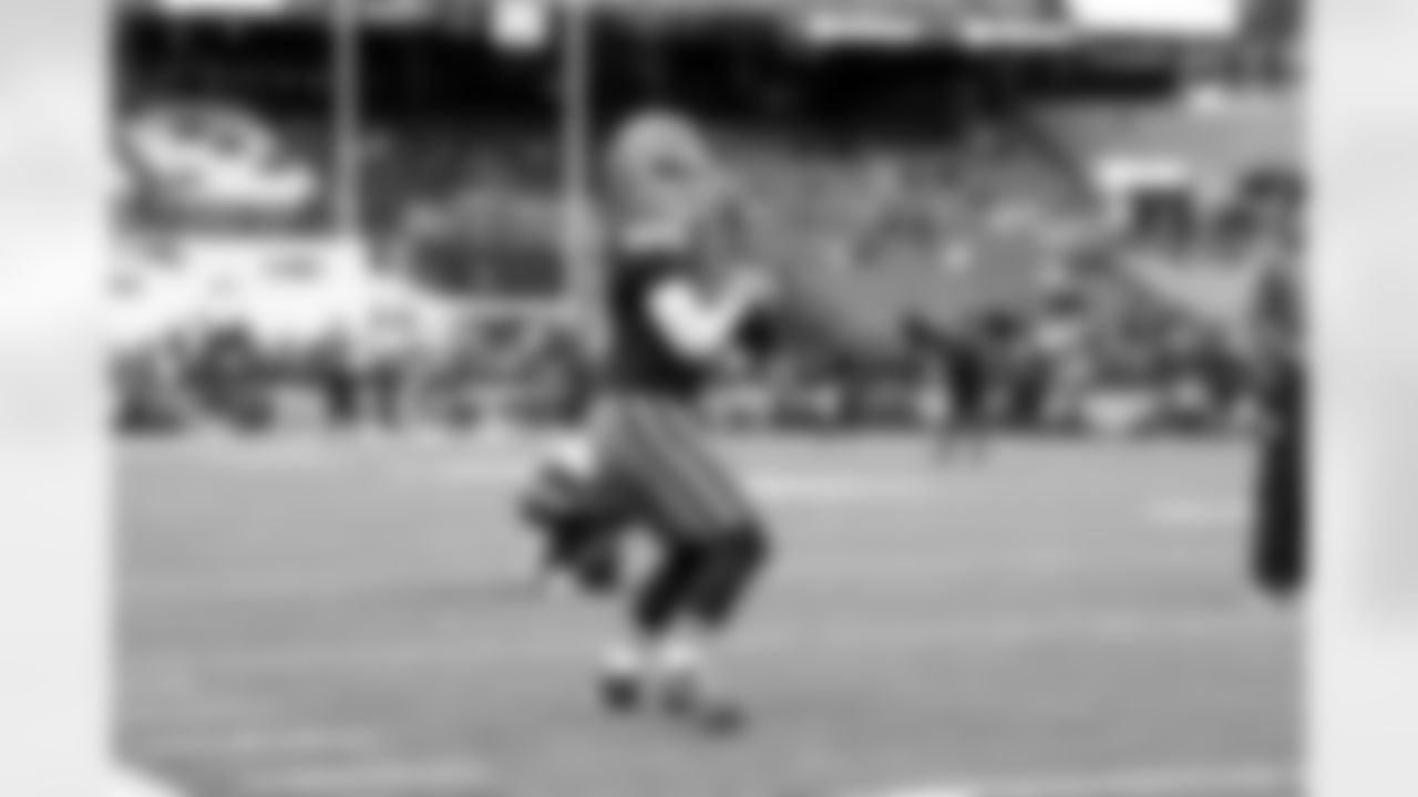 Quarterback Dillon Gabriel (8) before a NFL football game between the Baltimore Ravens and Cleveland Browns on November 16, 2025 at Huntington Bank Field.