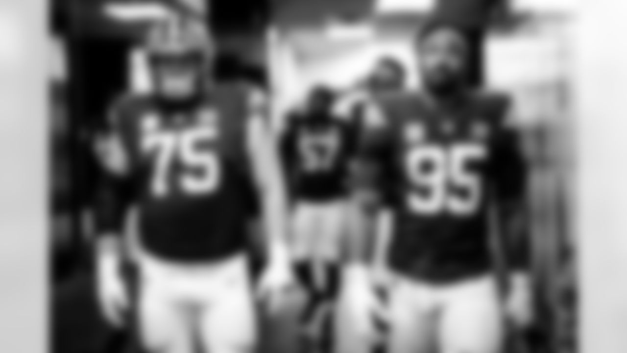 Offensive guard Joel Bitonio (75) and Defensive end Myles Garrett (95) before a NFL football game between the Arizona Cardinals and Cleveland Browns on November 5, 2023 at Cleveland Browns Stadium. The Browns won 27-0.