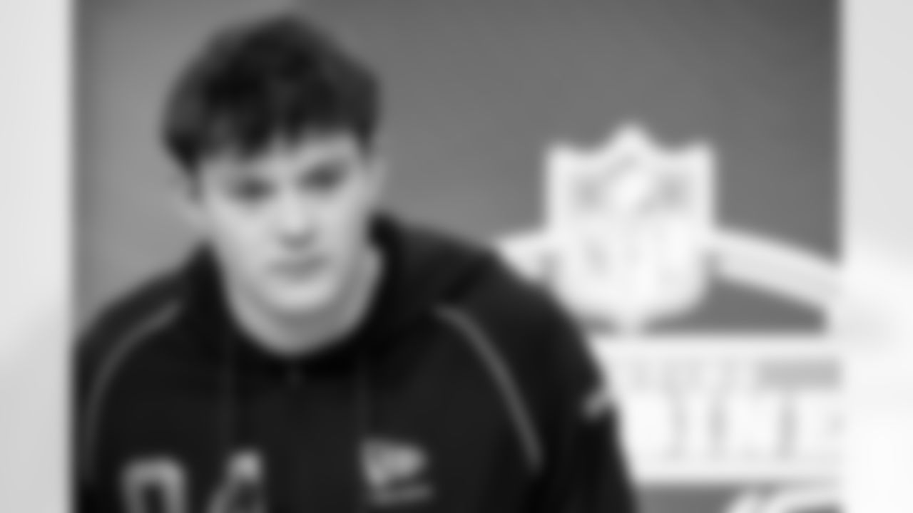 Tight end Oscar Delp, Georgia, speaks to the media at the 2026 NFL Combine on February 26, 2026 in Indianapolis, Indiana.