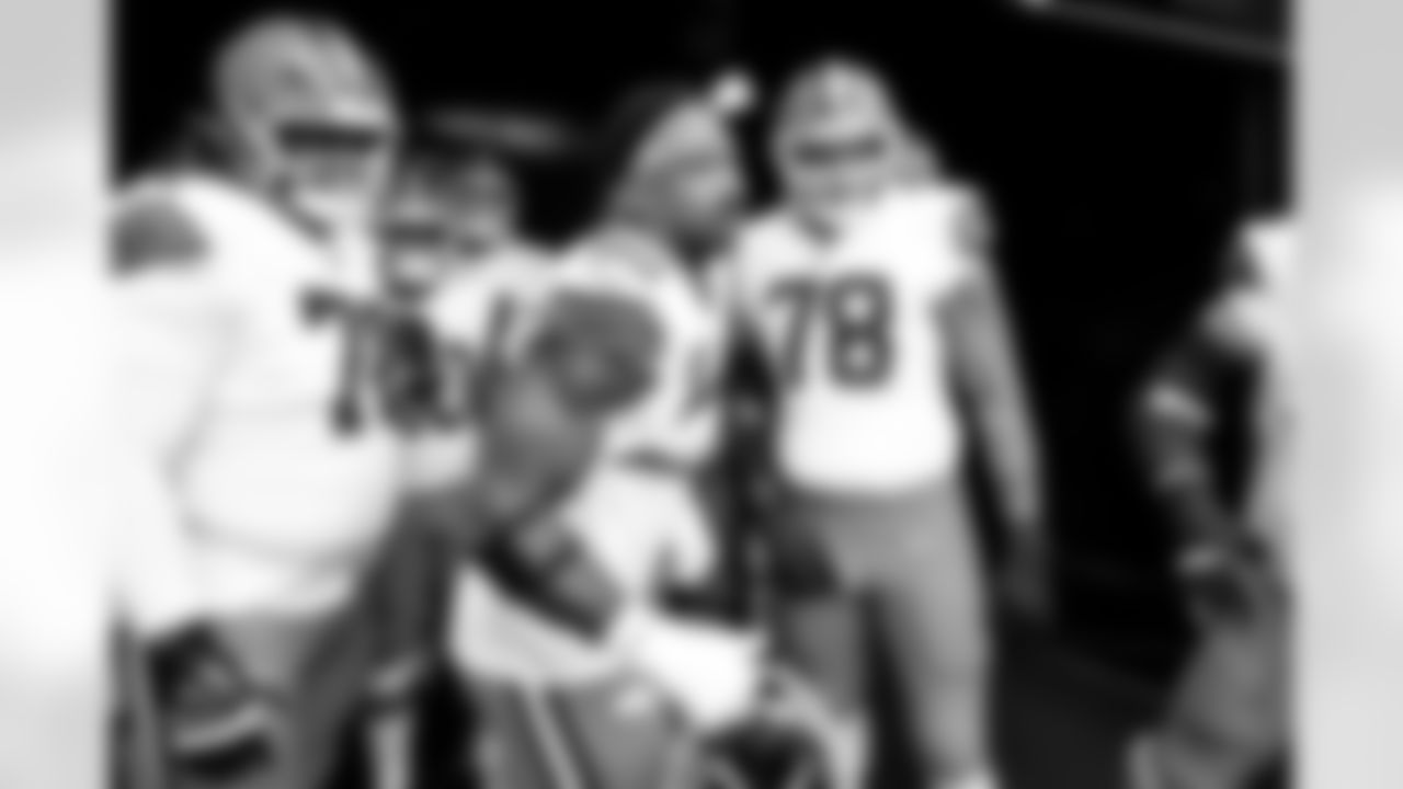 Offensive tackle KT Leveston (72), Defensive end Myles Garrett (95), and Offensive tackle Jack Conklin (78) before a NFL football game between the Cleveland Browns and Pittsburgh Steelers on October 12, 2025 at Acrisure Stadium.