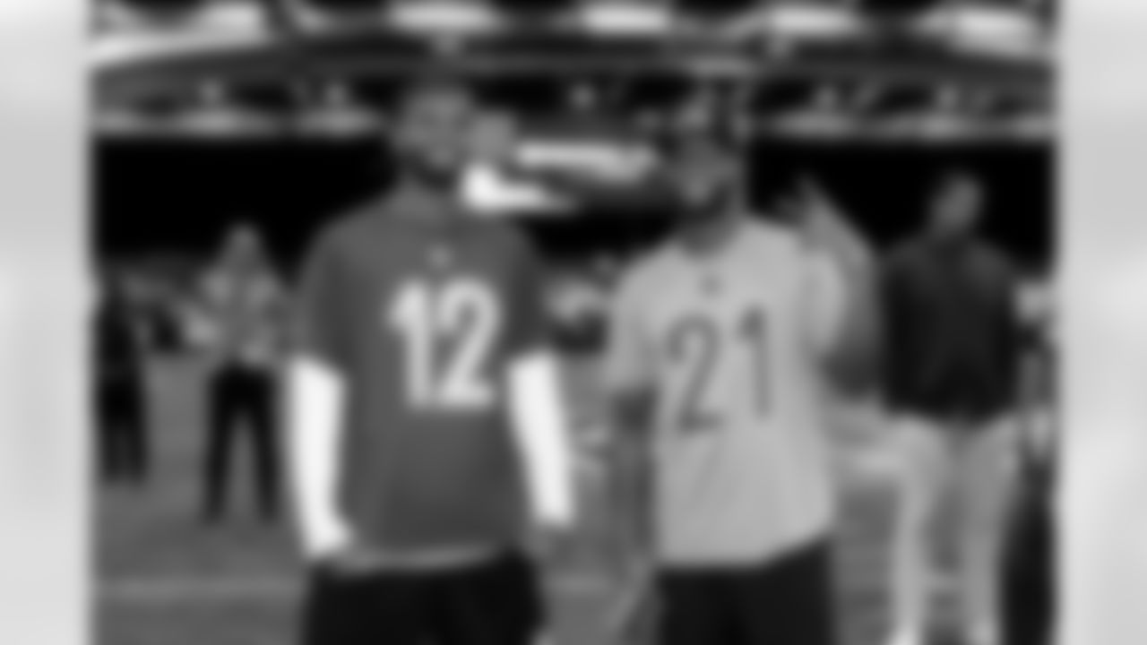 Quarterback Shedeur Sanders (12) and Cornerback Denzel Ward (21) during the first AFC Pro Bowl Practice at the Moscone Center in San Francisco on February 1, 2026.