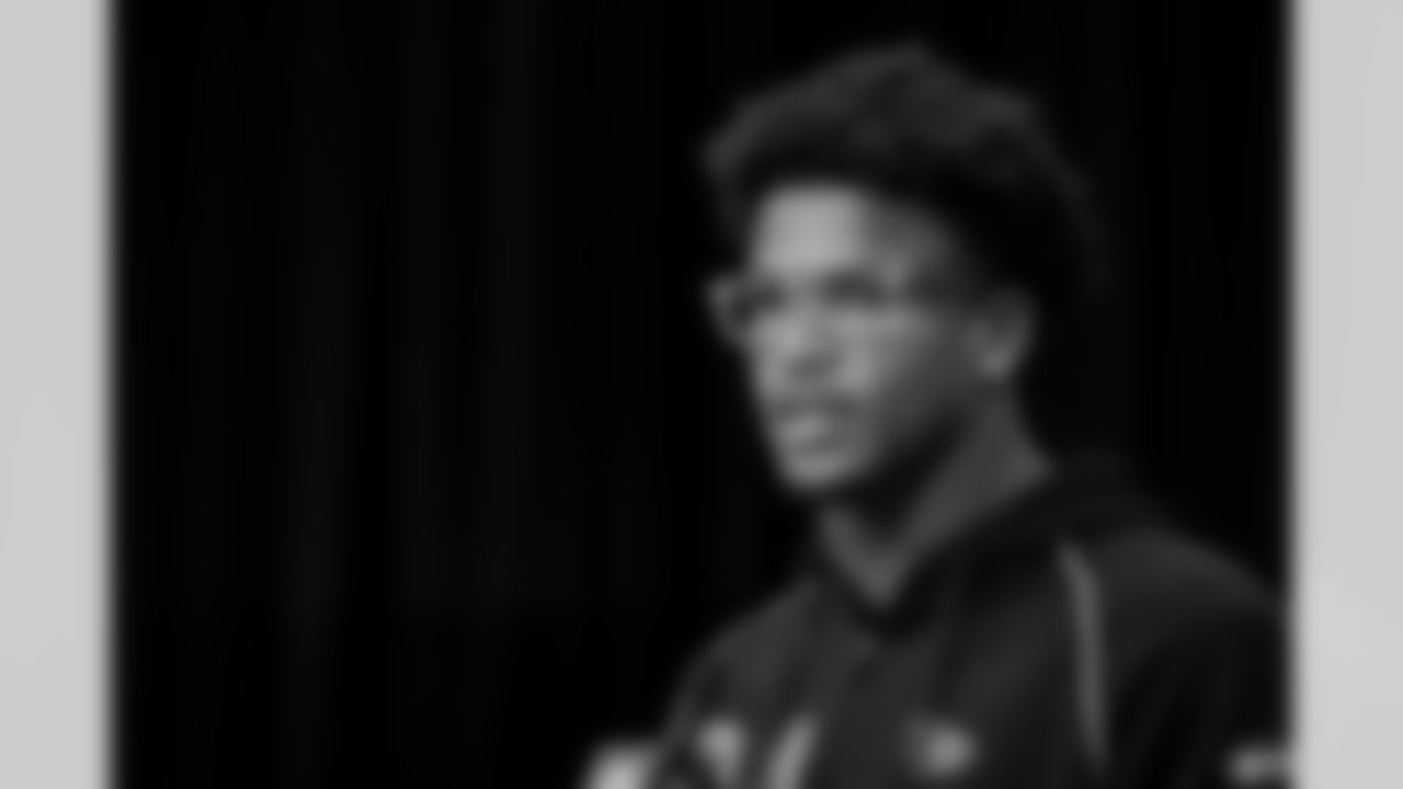 Defensive back Caleb Downs, Ohio State, speaks to the media at the 2026 NFL Combine on February 26, 2026 in Indianapolis, Indiana.