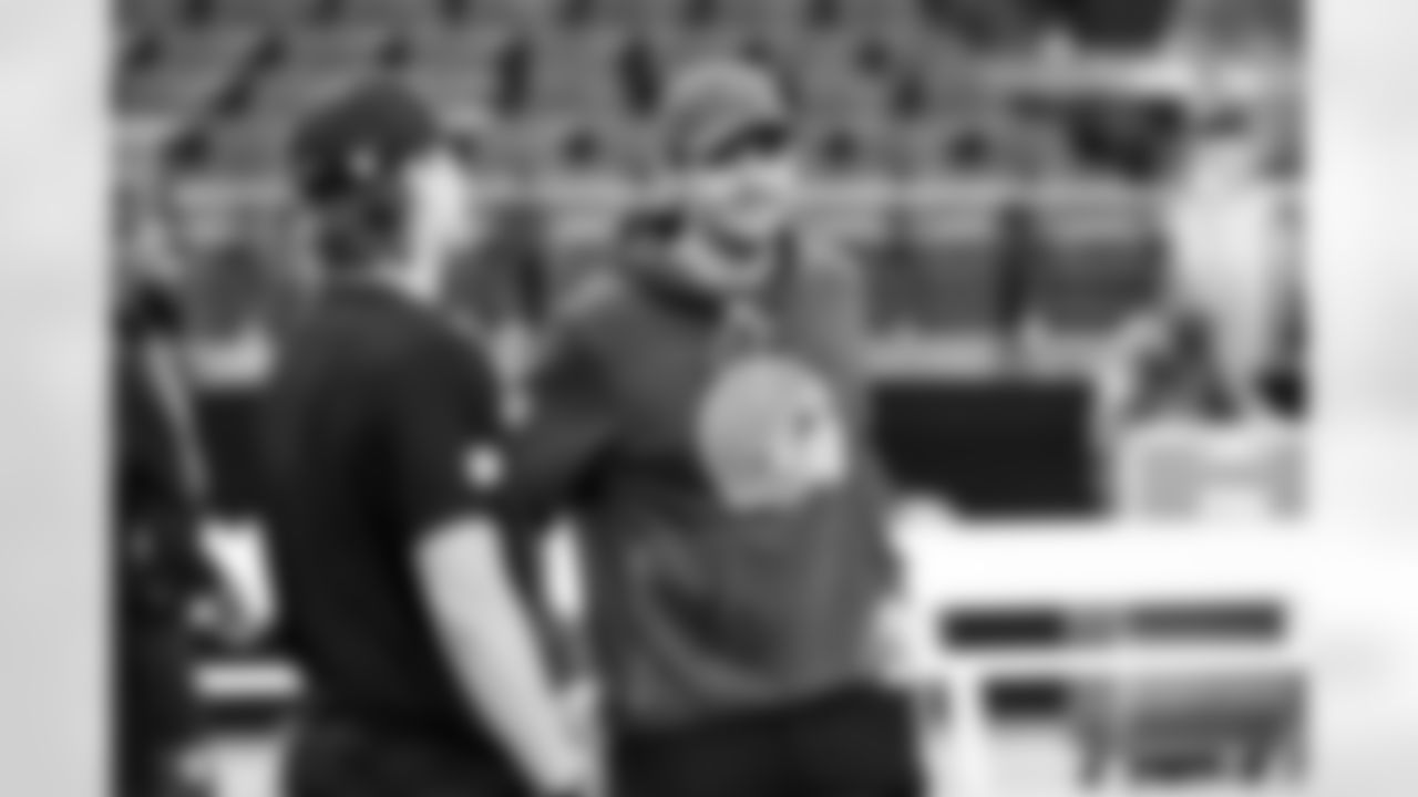 Offensive Coordinator Tommy Rees and Former Browns Quarterback Kenny Pickett before a NFL football game between the Cleveland Browns and Las Vegas Raiders on November 23, 2025 at Allegiant Stadium.