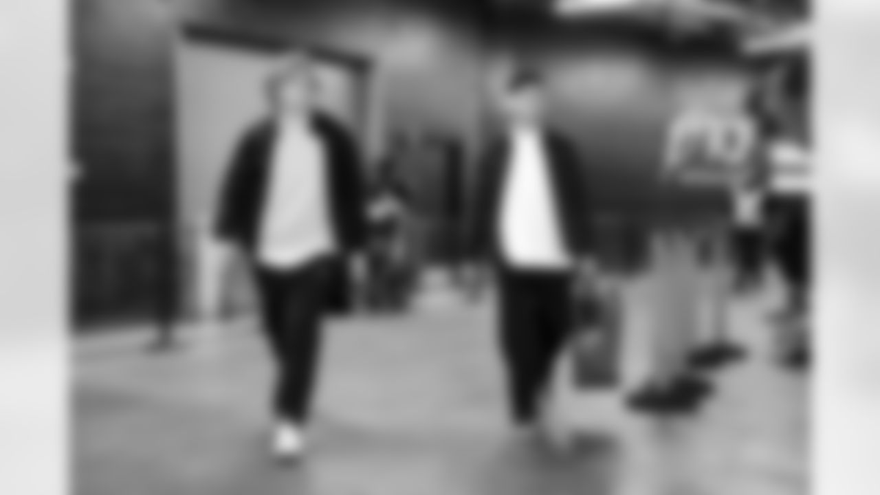 Linebacker Carson Schwesinger (49) and Quarterback Dillon Gabriel (8) before a NFL football game between the Baltimore Ravens and Cleveland Browns on November 16, 2025 at Huntington Bank Field.