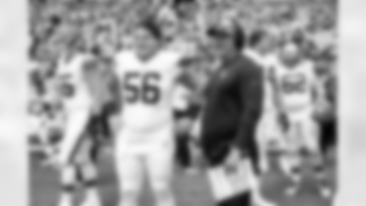 Center Luke Wypler (56) and Offensive Line Coach Mike Bloomgren before a preseason NFL football game between the Los Angeles Rams and Cleveland Browns on August 23, 2025 at Huntington Bank Field. The Browns won 19-17.