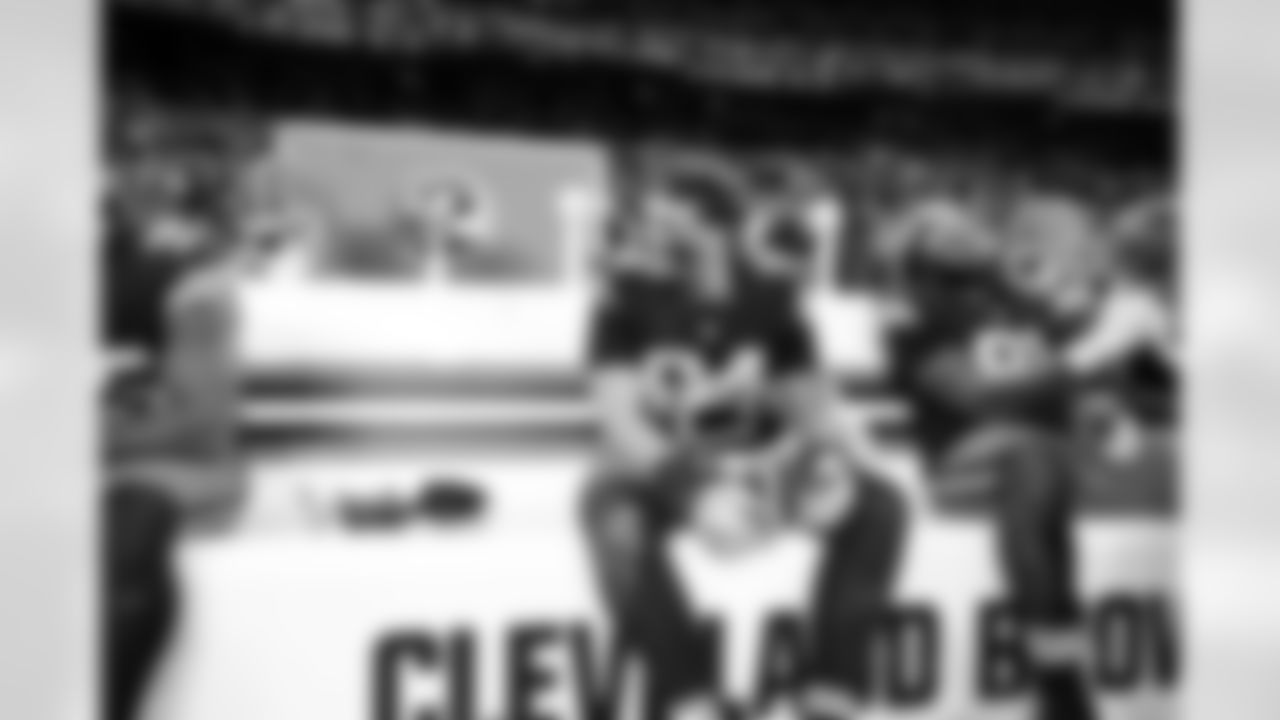 The Browns celebrate after a NFL football game between the Pittsburgh Steelers and Cleveland Browns on December 28, 2025 at Huntington Bank Field.