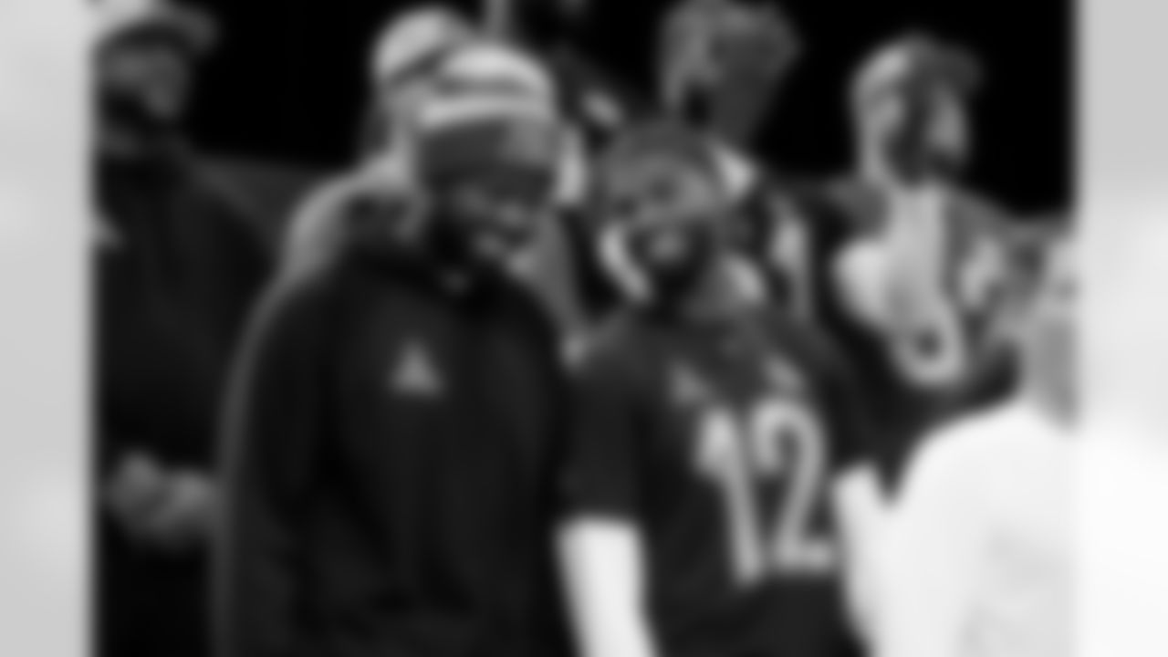 Former NFL wide receiver Torrey Smith and Quarterback Shedeur Sanders (12) during the first AFC Pro Bowl Practice at the Moscone Center in San Francisco on February 1, 2026.