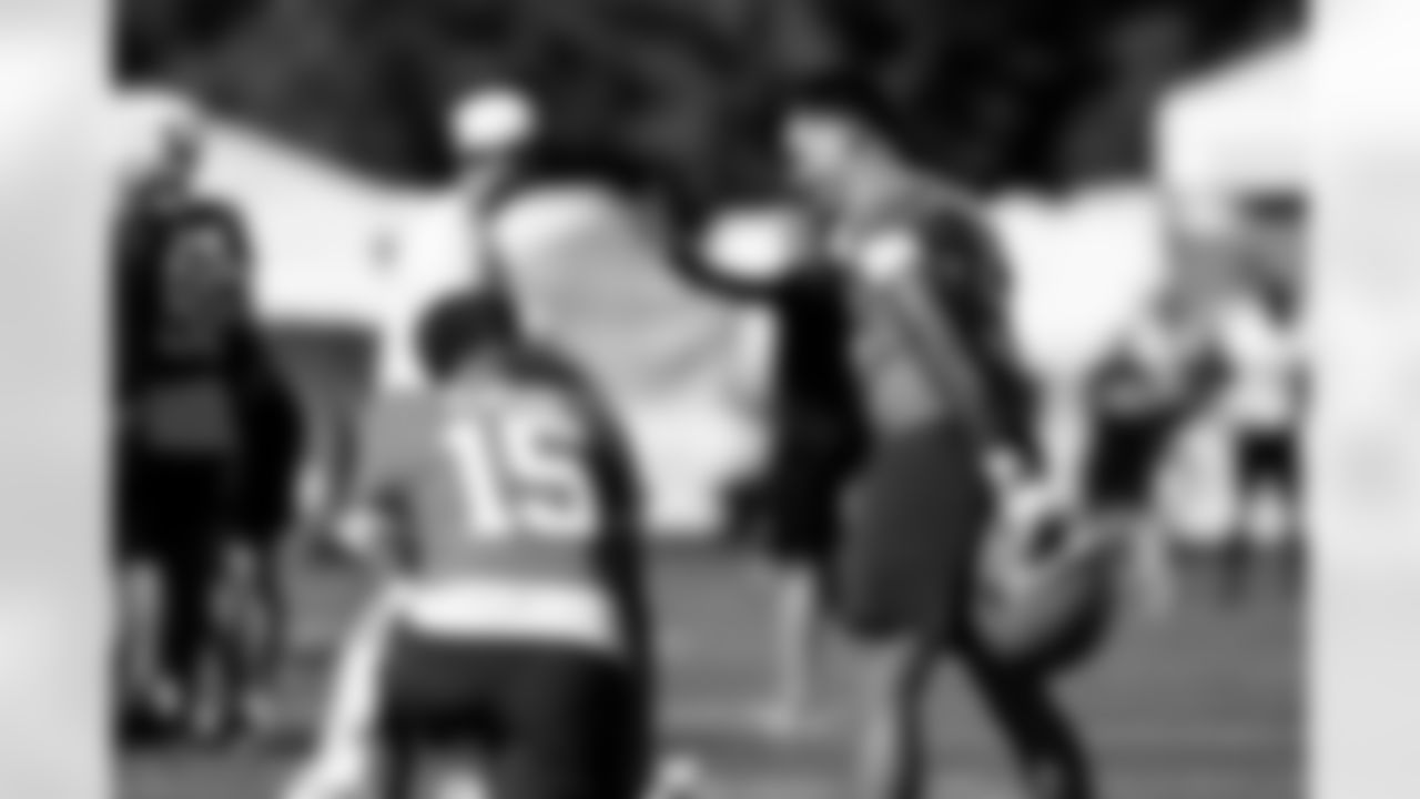 Quarterback Joe Flacco (15) and Quarterback Dillon Gabriel (5) during Day I of Training Camp at CrossCountry Mortgage Campus on July 23, 2025.