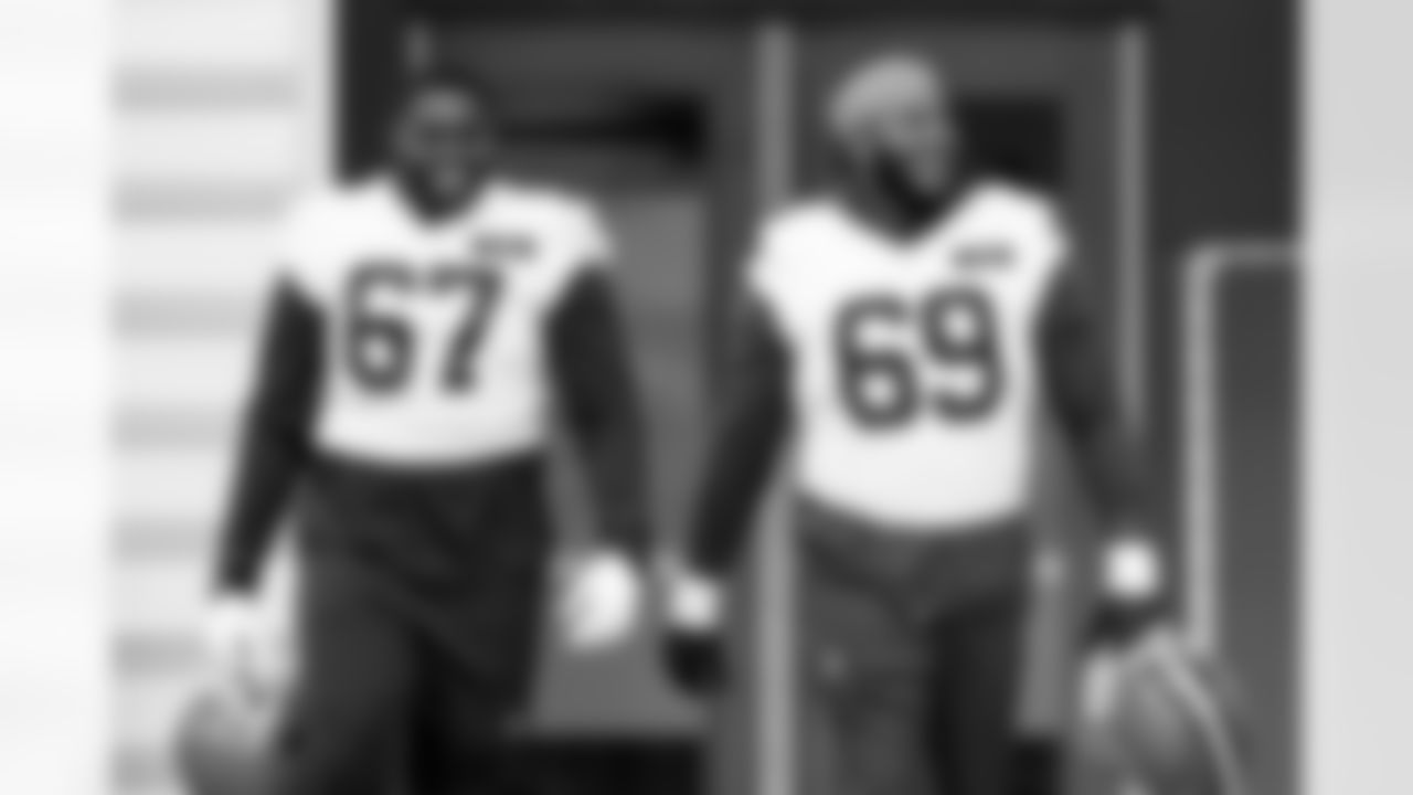 Offensive guard LaDarius Henderson (67) and Offensive tackle Tyre Phillip (69) during practice at CrossCountry Mortgage Campus on October 23, 2025.