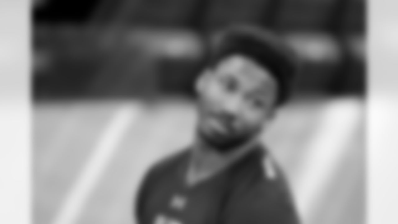 Texas A&M defensive end Myles Garrett is seen before a drill at the 2017 NFL football scouting combine Sunday, March 5, 2017, in Indianapolis. (AP Photo/Gregory Payan)