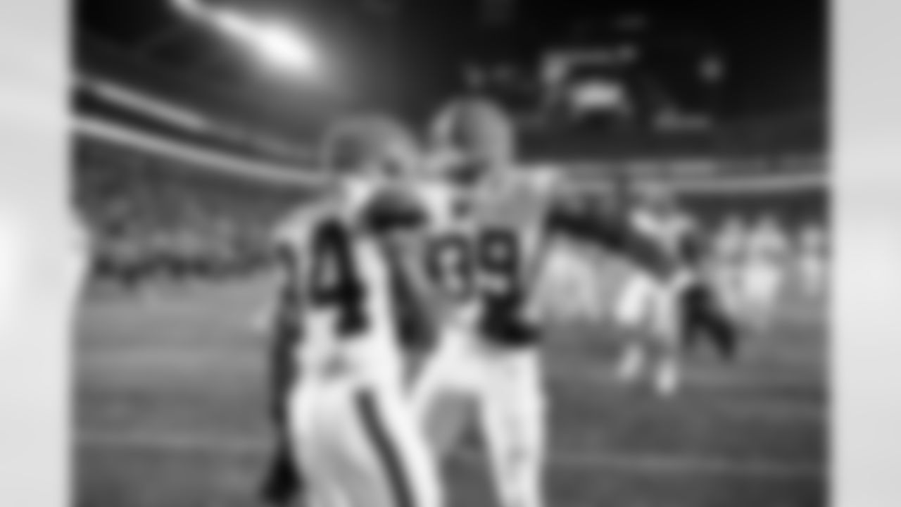 Wide receiver Gage Larvadain (84) and Running back Ahmani Marshall (39) during a preseason NFL football game between the Cleveland Browns and Carolina Panthers on August 8, 2025 at Bank of America Stadium.