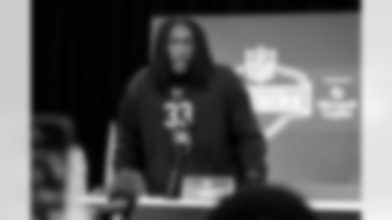 Defensive lineman Jaisawn Barham, Michigan, speaks to the media at the 2026 NFL Combine on February 25, 2026 in Indianapolis, Indiana.