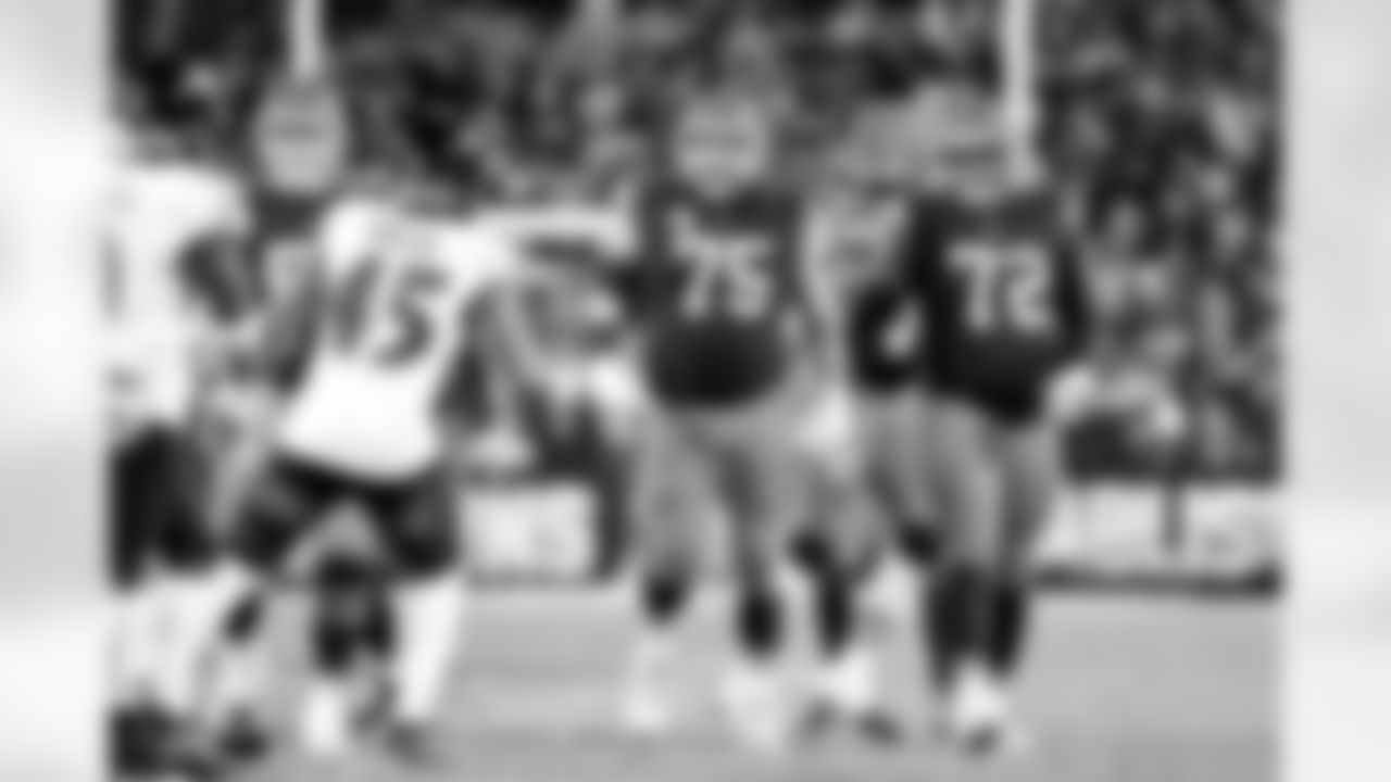 Offensive guard Joel Bitonio (75) and Offensive tackle KT Leveston (72) during a NFL football game between the Baltimore Ravens and Cleveland Browns on November 16, 2025 at Huntington Bank Field.