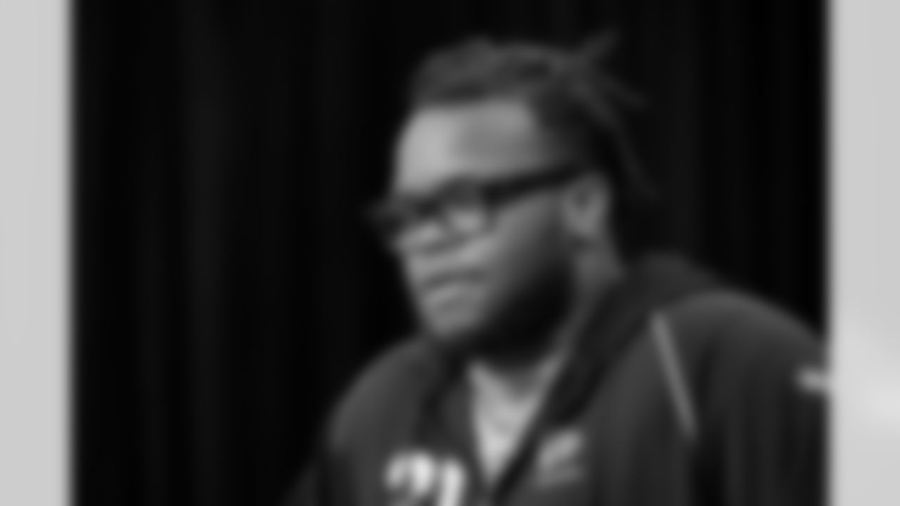 Defensive lineman Kayden McDonald, Ohio State, speaks to the media at the 2026 NFL Combine on February 25, 2026 in Indianapolis, Indiana.