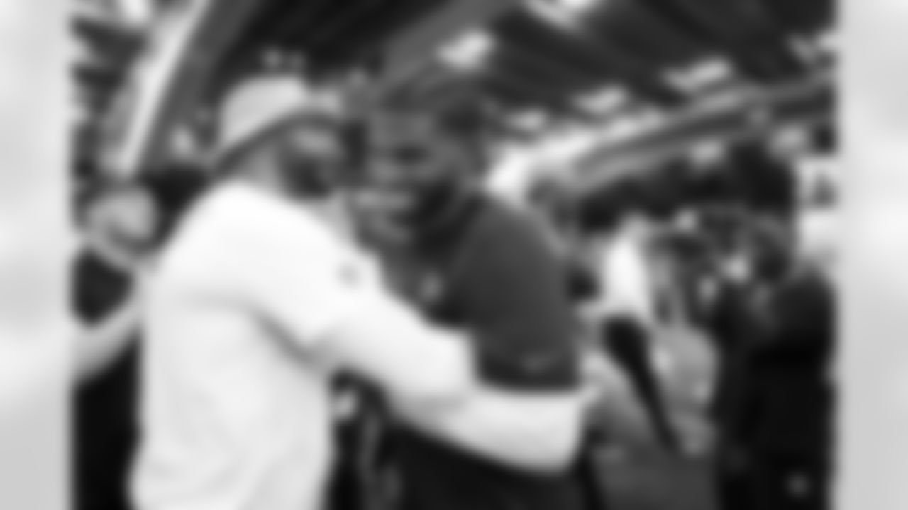 Cleveland Browns quarterback Shedeur Sanders (12) and Dallas Cowboys quarterback Dak Prescott (4) celebrate after the 2026 Pro Bowl Game on Tuesday, February 3, 2026 in San Francisco, California. (Kara Durrette/NFL)