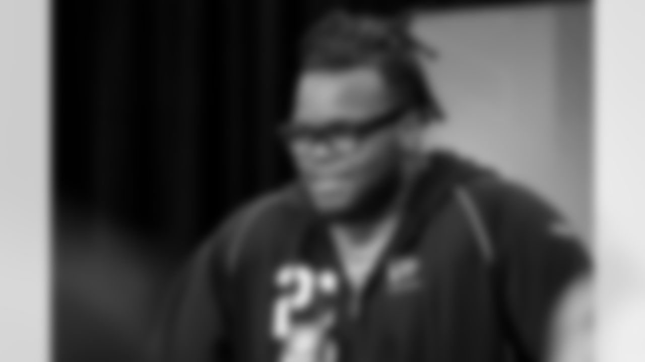 Defensive lineman Kayden McDonald, Ohio State, speaks to the media at the 2026 NFL Combine on February 25, 2026 in Indianapolis, Indiana.