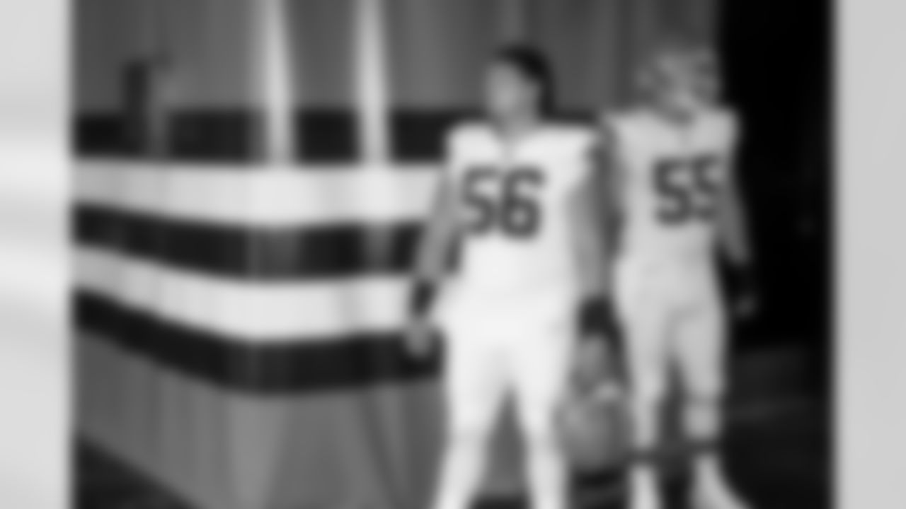 Center Luke Wypler (56) and Center Ethan Pocic (55) before a preseason NFL football game between the Los Angeles Rams and Cleveland Browns on August 23, 2025 at Huntington Bank Field.