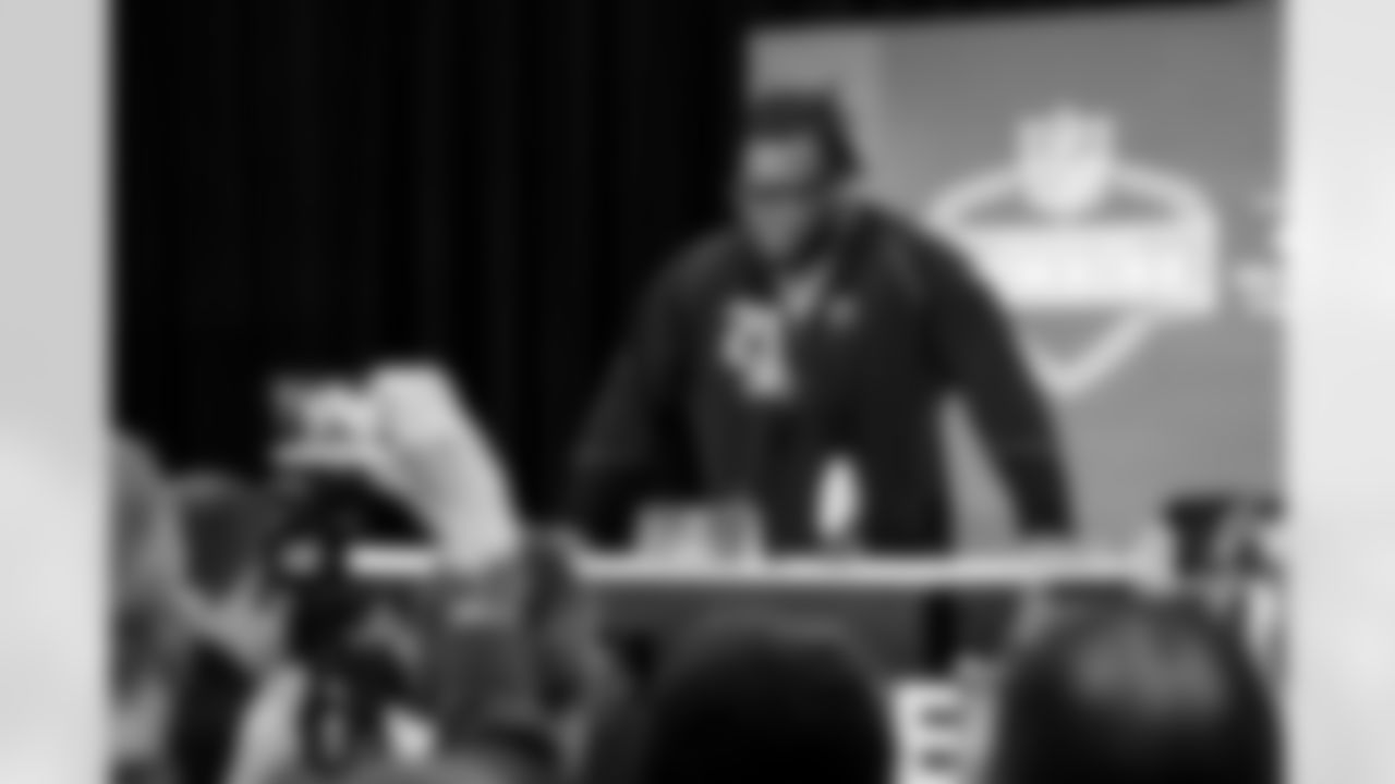 Defensive lineman Kayden McDonald, Ohio State, speaks to the media at the 2026 NFL Combine on February 25, 2026 in Indianapolis, Indiana.