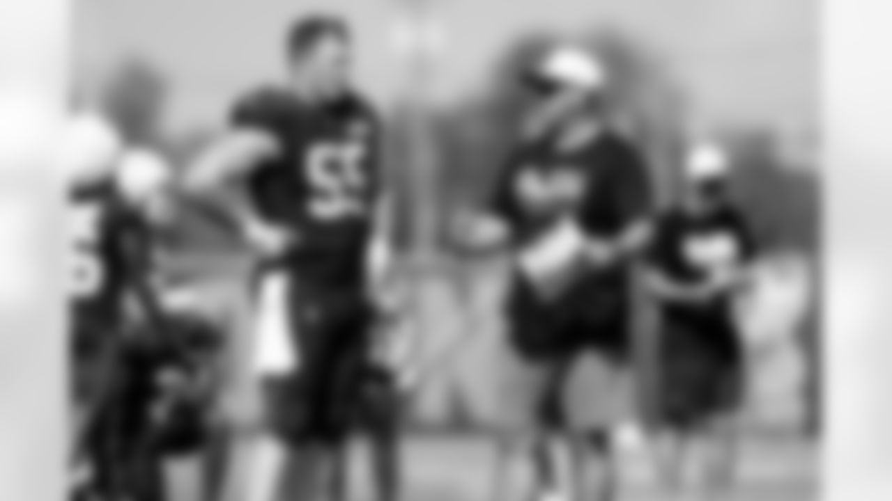 Center Ethan Pocic (55) and Offensive Line Coach Mike Bloomgren during Day 7 of Training Camp at CrossCountry Mortgage Campus on July 30, 2025.