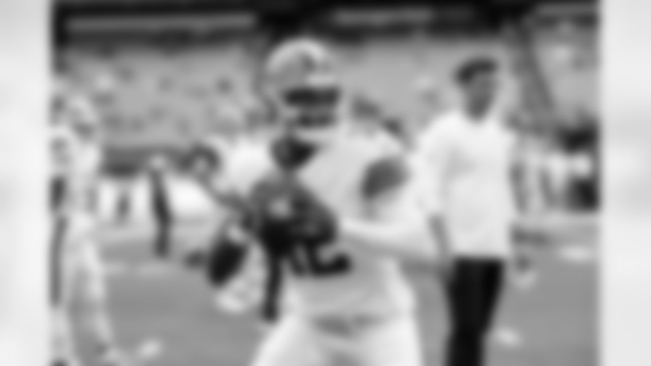 Quarterback Shedeur Sanders (12) before a preseason NFL football game between the Los Angeles Rams and Cleveland Browns on August 23, 2025 at Huntington Bank Field.