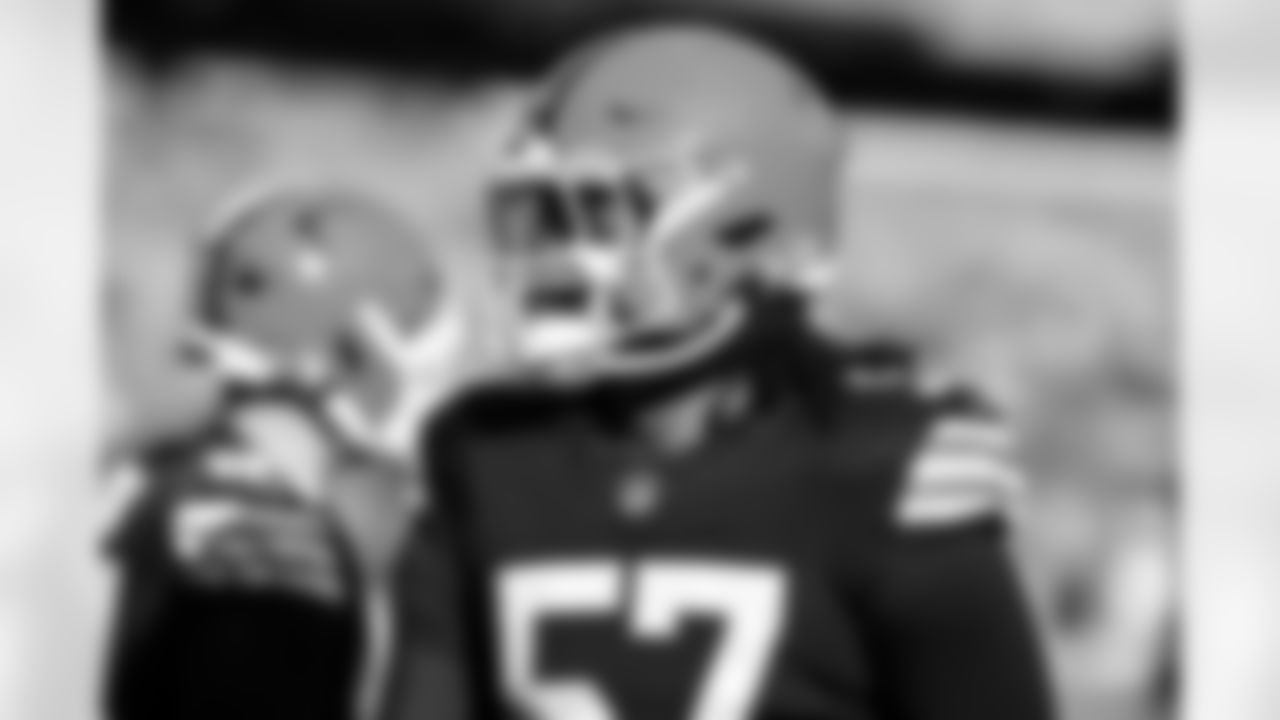 Defensive end Isaiah McGuire (57) before a NFL football game between the Buffalo Bills and Cleveland Browns on December 21, 2025 at Huntington Bank Field.