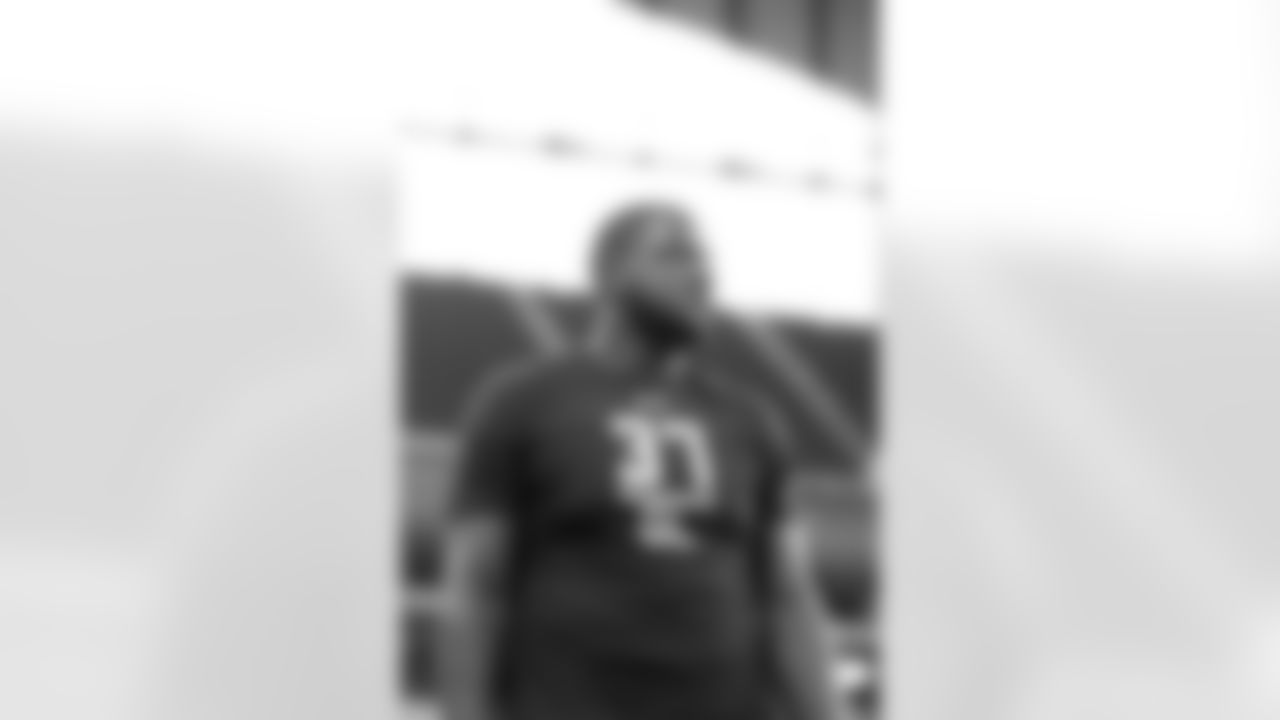 Alabama offensive tackle Cam Robinson performs in the broad hum drill at the 2017 NFL football scouting combine Friday, March 3, 2017, in Indianapolis. (AP Photo/Gregory Payan)