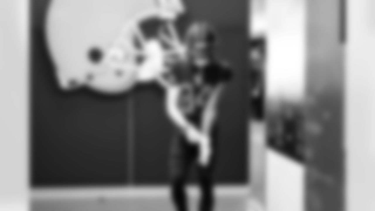 Wide receiver Gage Larvadain (84) before a NFL football game between the Tennessee Titans and Cleveland Browns on December 7, 2025 at Huntington Bank Field.