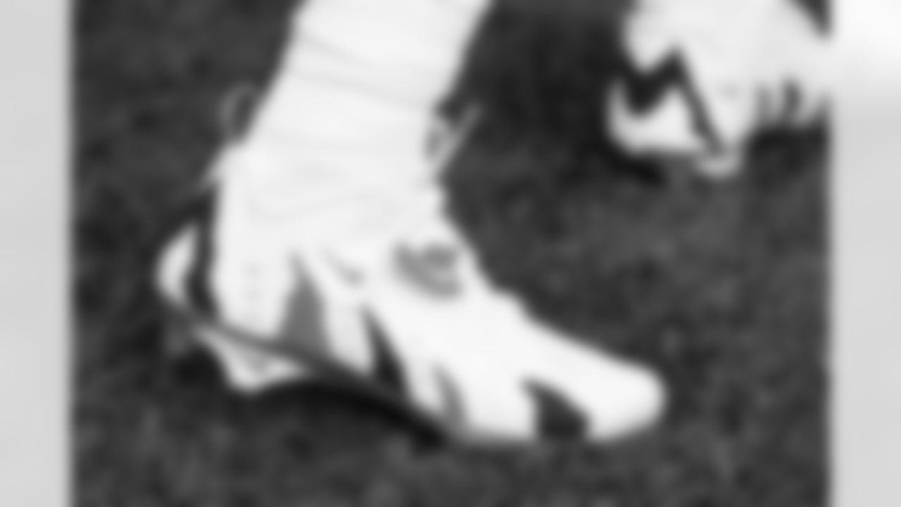 Quarterback Shedeur Sanders's cleats before a preseason NFL football game between the Cleveland Browns and Carolina Panthers on August 8, 2025 at Bank of America Stadium. The Browns won 30-10.