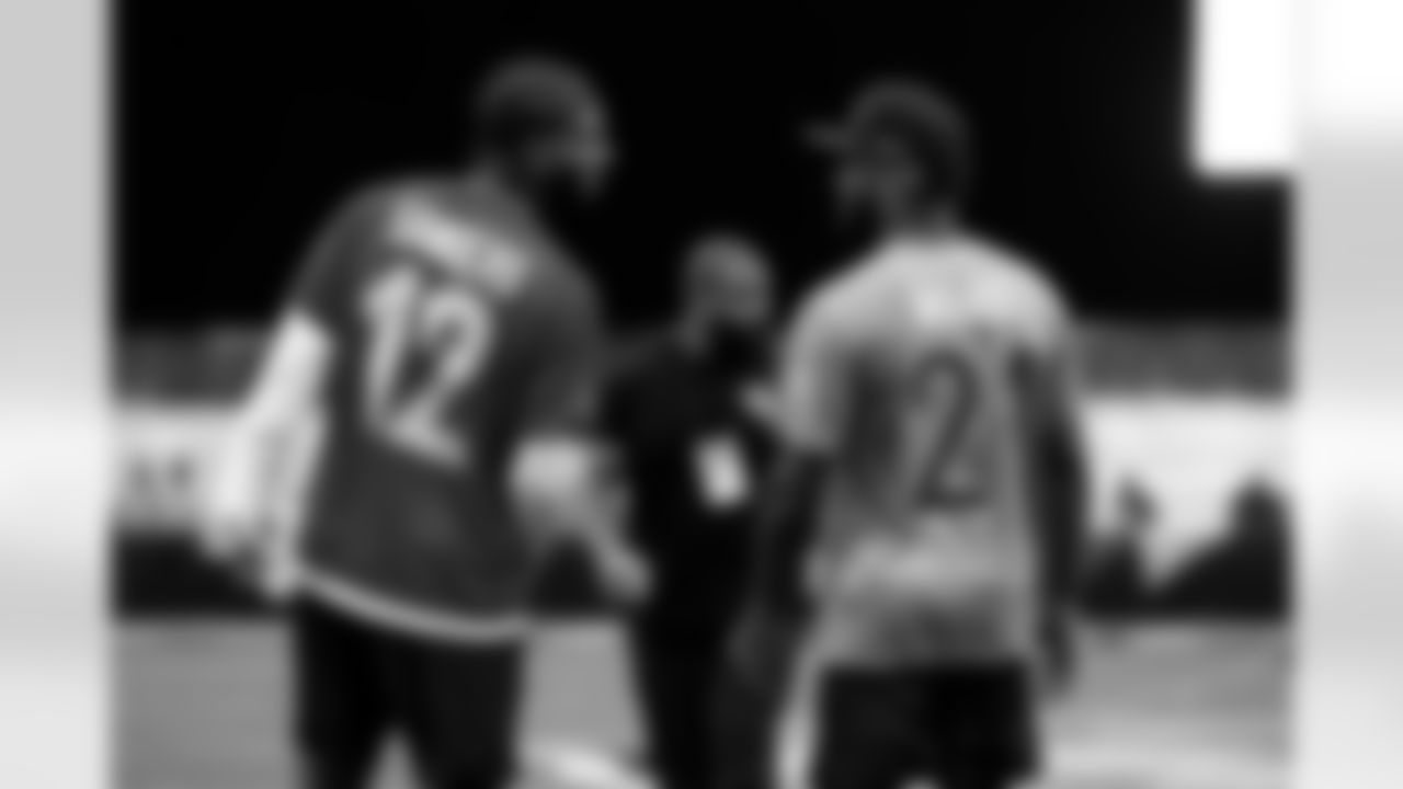 Quarterback Shedeur Sanders (12) and Cornerback Denzel Ward (21) during the first AFC Pro Bowl Practice at the Moscone Center in San Francisco on February 1, 2026.