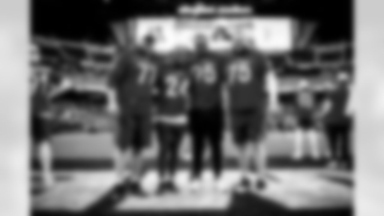 Offensive guard Wyatt Teller (77), Running back Nick Chubb (24), Defensive end Myles Garrett (95) and Offensive guard Joel Bitonio (75) before the Pro Bowl Games at Allegiant Stadium in Las Vegas on February 5, 2023.
