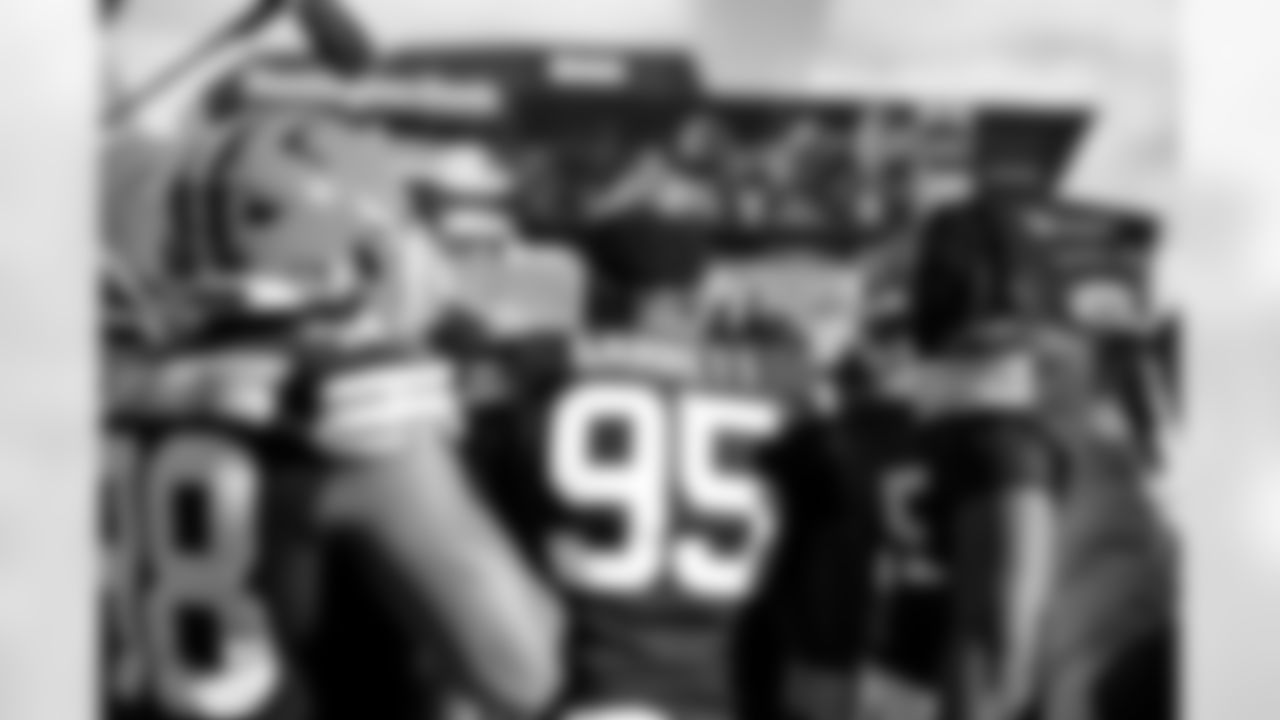 Defensive end Myles Garrett (95) before a NFL football game between the Buffalo Bills and Cleveland Browns on December 21, 2025 at Huntington Bank Field.