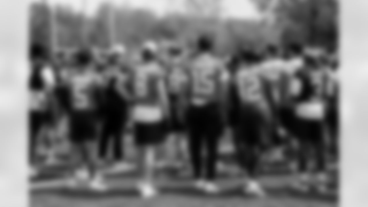 Quarterback Dillon Gabriel (5), Quarterback Kenny Pickett (8), Quarterback Joe Flacco (15) and Quarterback Shedeur Sanders (12) during fieldwork in Phase II of the offseason at CrossCountry Mortgage Campus on May 12, 2025.