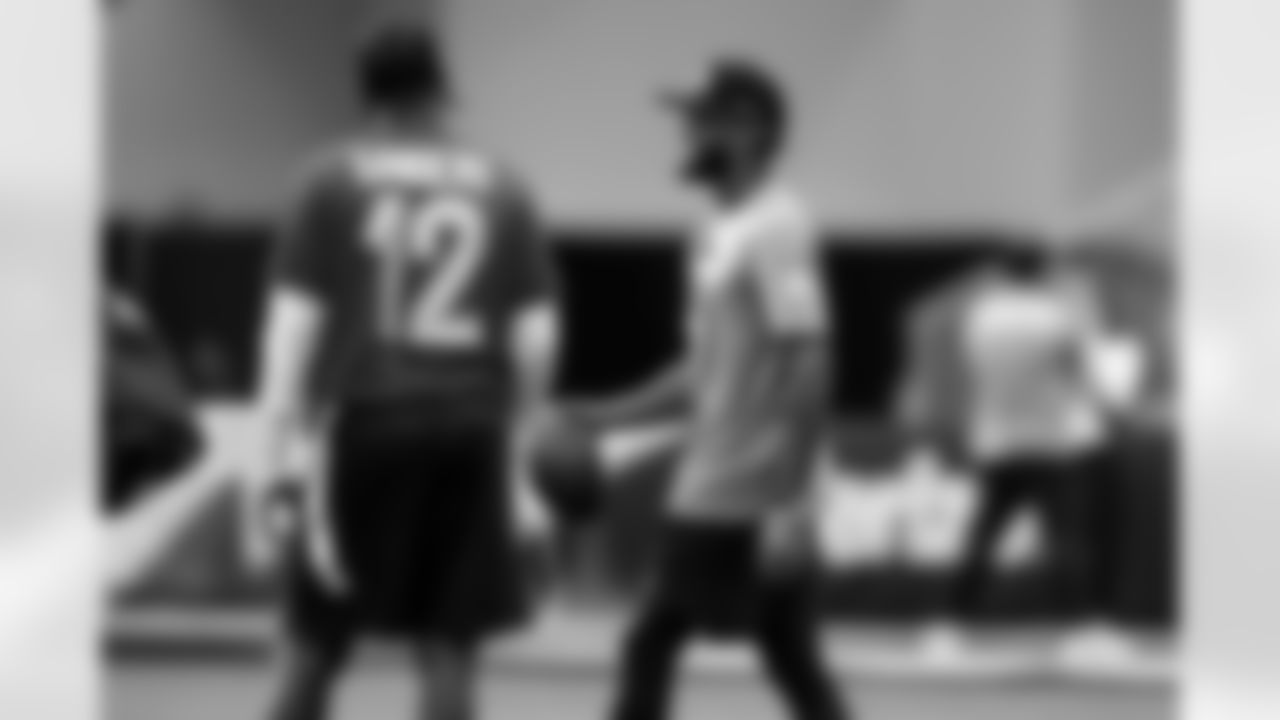 Quarterback Shedeur Sanders (12) and Cornerback Denzel Ward (21) during the first AFC Pro Bowl Practice at the Moscone Center in San Francisco on February 1, 2026.