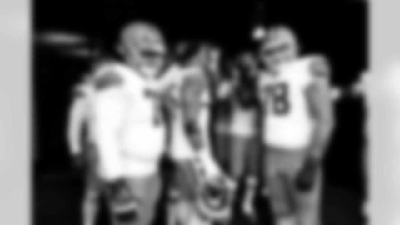 Offensive tackle KT Leveston (72) and Offensive tackle Jack Conklin (78) before a NFL football game between the Cleveland Browns and Pittsburgh Steelers on October 12, 2025 at Acrisure Stadium.