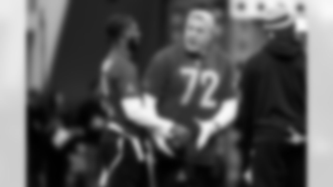 Quarterback Shedeur Sanders (12) and Broncos Offensive tackle Garrett Bolles (72) during the first AFC Pro Bowl Practice at the Moscone Center in San Francisco on February 1, 2026.