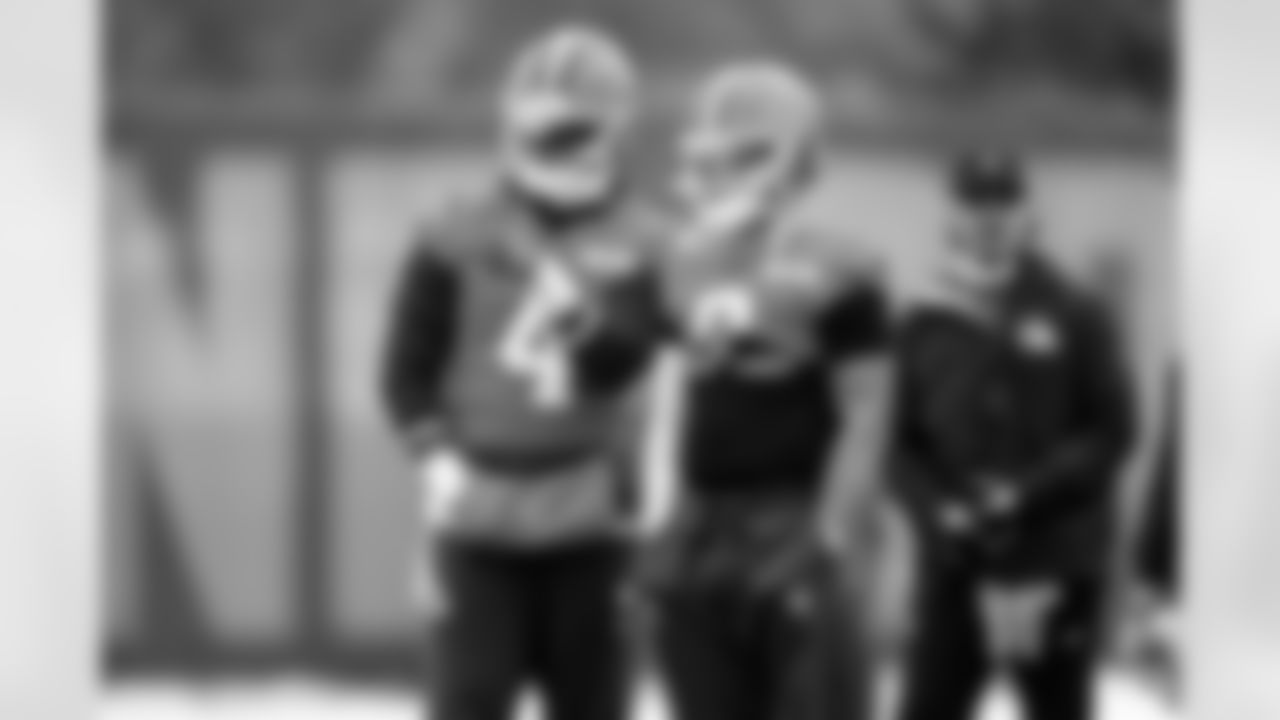 Quarterback Deshaun Watson (4) and Quarterback Dillon Gabriel (8) during practice at CrossCountry Mortgage Campus on December 17, 2025.