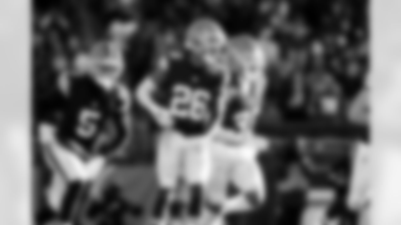 Safety Rayshawn Jenkins (5), Cornerback Myles Harden (26) and Safety Ronnie Hickman Jr. (33) during a NFL football game between the Buffalo Bills and Cleveland Browns on December 21, 2025 at Huntington Bank Field.