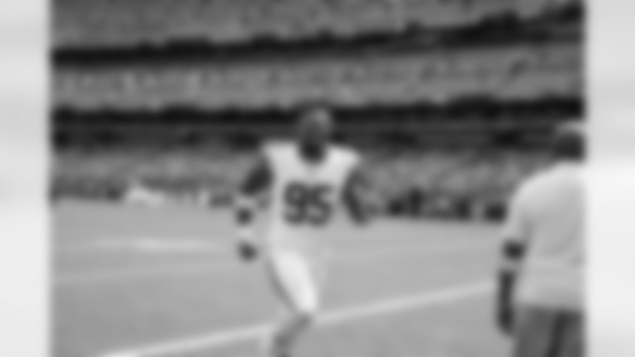 Defensive end Myles Garrett (95) before a preseason NFL football game between the Los Angeles Rams and Cleveland Browns on August 23, 2025 at Huntington Bank Field.