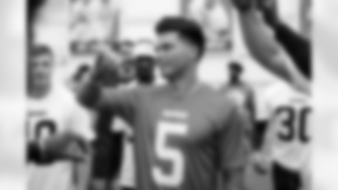 Quarterback Dillon Gabriel (5) during a workout on the first day of Rookie Minicamp at CrossCountry Mortgage Campus on May 9, 2025.