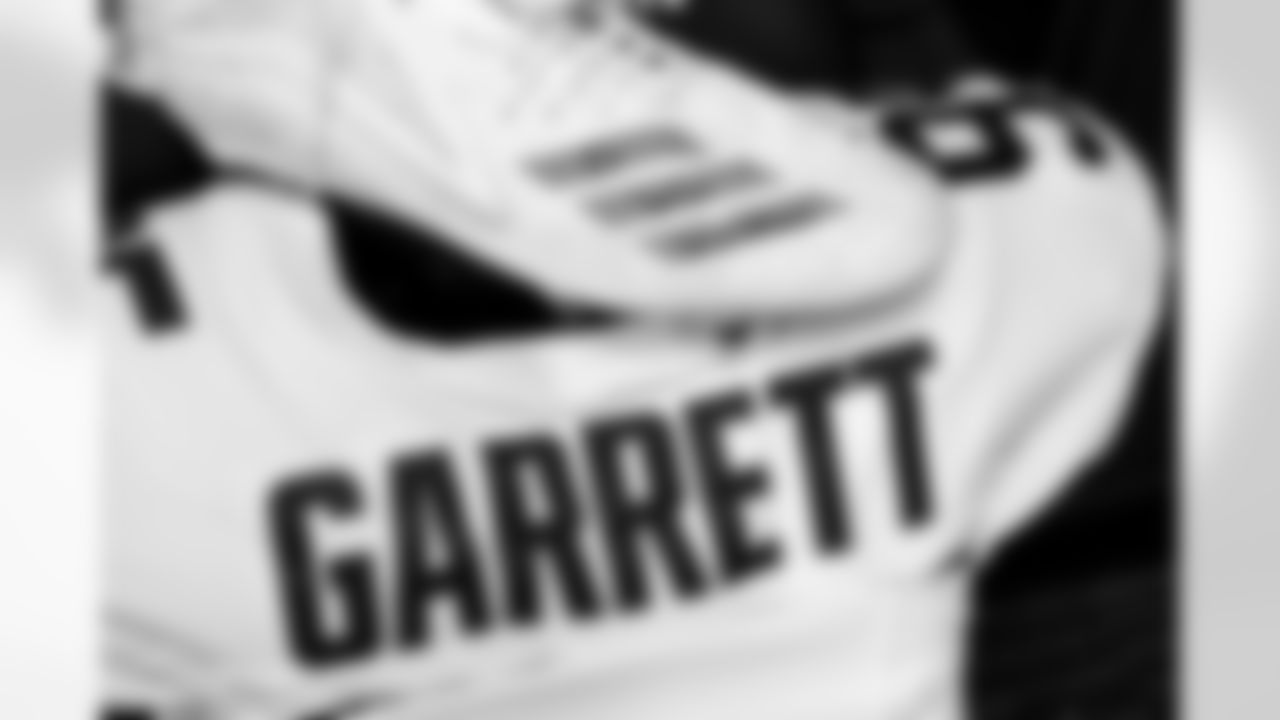 Defensive end Myles Garrett's cleat and pads before a NFL football game between the Cleveland Browns and New England Patriots on October 26, 2025 at Gillette Stadium. The Browns lost 13-32.